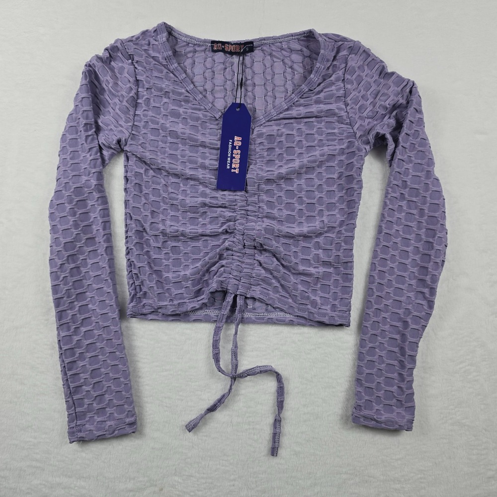 AQ Sport Purple Cropped Tie Front Top Women Size Small ST2462A Textured New